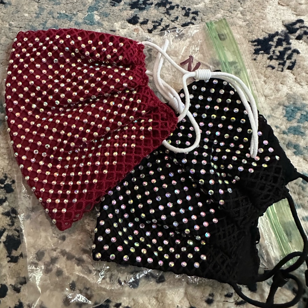 Rhinestone Mesh Face Masks in Red and Black